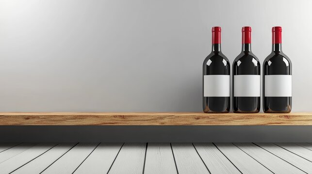 Three Red Wine Bottles on Wooden Shelf Against Wall