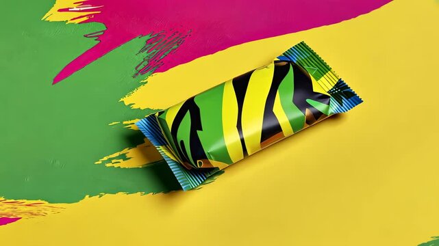 vibrant candy wrapper on colorful paint background