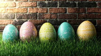 Fototapeta premium Colorful Easter Eggs on Grass with Brick Wall Background