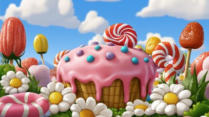 Colorful Candy Landscape with Giant Cupcake and Sweet Treats