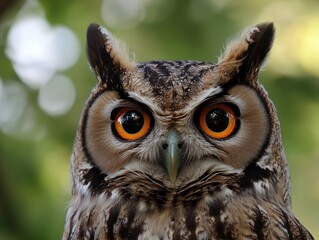 Obraz premium Close-up of an owl's face, highlighting its striking orange eyes and detailed feathers