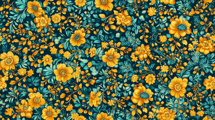 Seamless Vibrant Yellow Floral Pattern on Dark Green Background: A Stunning Mixed Media Design for Print and Digital Use.