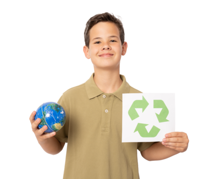 Little boy holding recycle symbol and earth globe standing isolated over transparent background. Ecological concept. PNG transparent. - Powered by Adobe