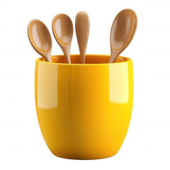 Modern kitchen utensils in a bright yellow pot isolated on transparent background