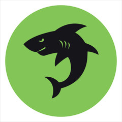 Fototapeta premium Round green flat icon with black silhouette of a dangerous shark. Vector on a gray background