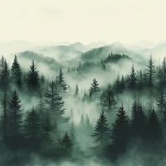 A dense forest with a misty atmosphere
