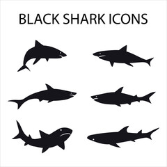 Set of black icons of dangerous shark. Vector on a white background