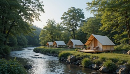Obraz premium Luxurious Glamping Tents by River Tranquil Forest Escape Scenic Nature Retreat