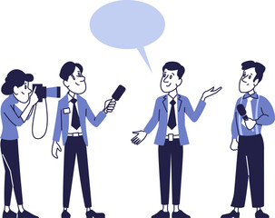 Interview Moment: Journalists interviewing a speaker, asking questions, and recording a report to cover an important event. 