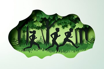 Active silhouettes of runners in a lush forest.