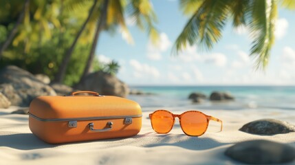 Fototapeta premium A bright orange suitcase sits next to oversized yellow sunglasses,