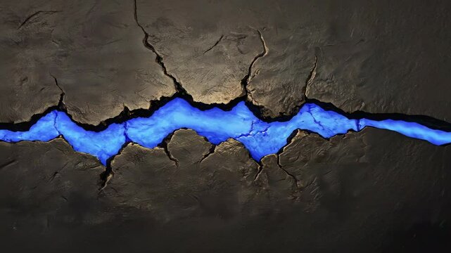 Crack in the ground revealing bright blue liquid beneath