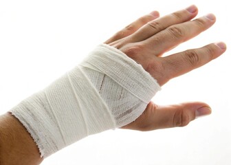 Hand with a white bandage wrapped around the wrist on white background
