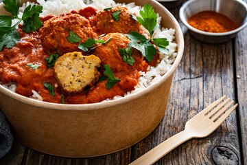 Butter chicken curry meatballs with rice in box to go on wooden table. Takeaway indian food