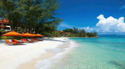 Tranquil beach with orange umbrellas and sun loungers on a sunny day