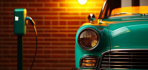 A vintage turquoise car parked next to an electric charging station against a warm, brick wall backdrop.