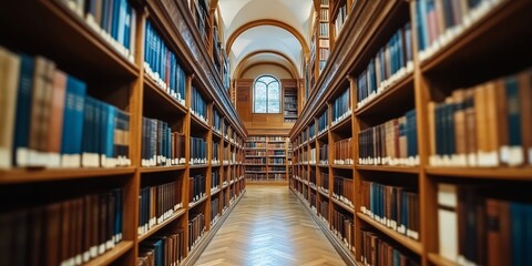 A historic library with ornate architecture and rows of books, symbolizing knowledge, history, and culture. Ideal for education, literature, and heritage-themed projects.