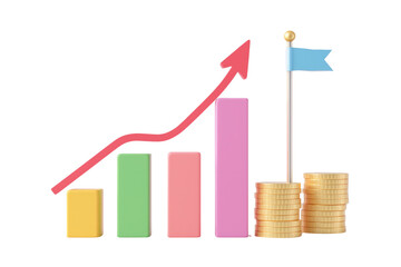 Colorful bar chart with upward arrow, golden coin stack, and flagpole with blue flag on a clean white background. Concept of progress, success, financial growth. Ai generative