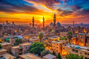 Obraz premium Al Buhayrah, Egypt: Vibrant Cityscape at Sunset - Panoramic View