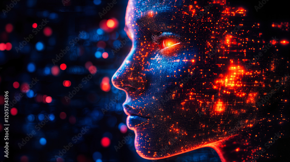 Poster digital artificial intelligence face with data points for machine learning concept