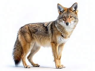 Obraz premium Alert Coyote, Full Body, Isolated on White Background - Wildlife Stock Photo