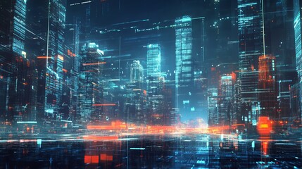 Fototapeta premium Abstract Futuristic Cityscape: Digital Network and Data Flow