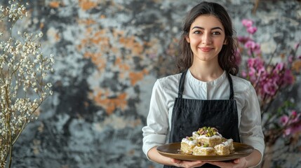 A delightful Turkish baklava dessert is showcased by a smiling woman in an elegant apron. Surrounded by flowers, the atmosphere is warm, inviting, and filled with sweet aromas