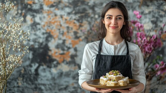 A delightful Turkish baklava dessert is showcased by a smiling woman in an elegant apron. Surrounded by flowers, the atmosphere is warm, inviting, and filled with sweet aromas