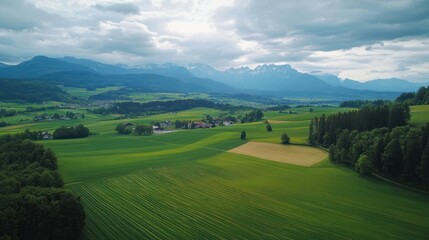 Obraz premium Aerial View of Green Fields with Mountains in the Background Under a Cloudy Sky