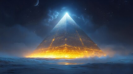 A pyramid is lit up in the night sky