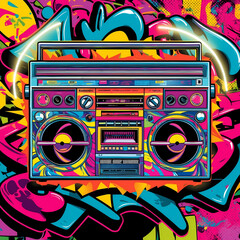 A vibrant, professional graphic design in a pop art style featuring a vintage boombox as the central element, set against a bold, graffiti-inspired background with stylized shapes, bright colors, and 
