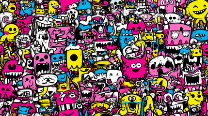 Seamless Vibrant Cartoon Monsters and Creatures in a Colorful Chaos of Fun and Whimsy for Playful Designs and Creative Projects.