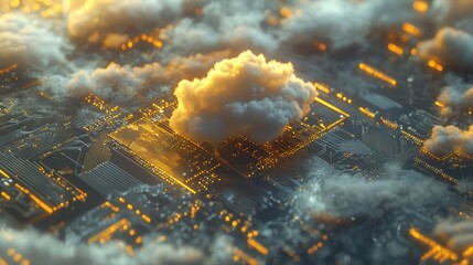 A close-up view of a computer circuit board featuring a central processing unit (CPU) with a glowing blue cloud icon that symbolizes cloud computing.