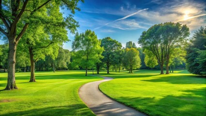 Fototapeta premium Serene green grass field in a public park with tall trees and a meandering path leading into the distance
