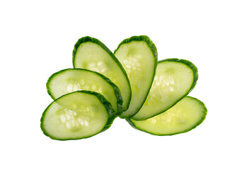 Cucumber cut isolated, cucumber round slices macro, green vegetable cuts for salad isolated, fresh pieces