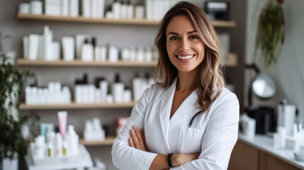  Smiling dermatologist and cosmetologist in a modern clinic