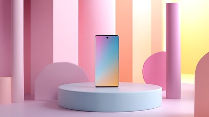 A Smartphone Displayed on a Circular Platform in a Colorful Abstract Setting