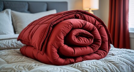 Cozy red folded comforter neatly placed on bed