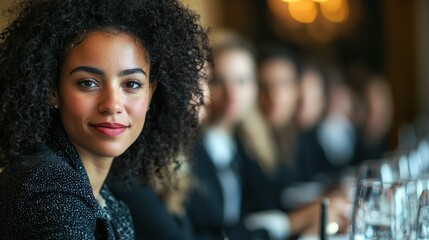 Fototapeta premium Confident Young Woman with Curly Hair at a Social Gathering