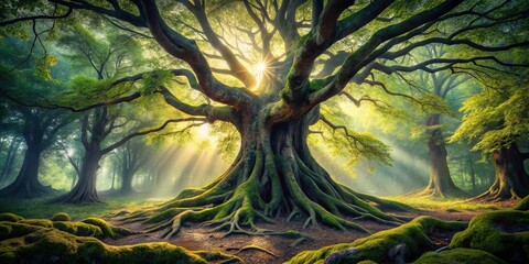 Ancient Walnut Tree, Surreal Roots, Mystical Forest, Fantasy Landscape