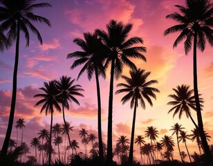 Obraz premium Tropical palms silhouetted against colorful sky, tropical, silhouetted