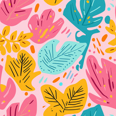 Seamless Vibrant Tropical Leaves Pattern in Bright Colors for Modern Design Projects and Print Backgrounds.