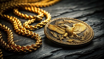 Naklejka premium Antique Gold Eagle Pendant Necklace & Coin on Black - Documentary Style Photography