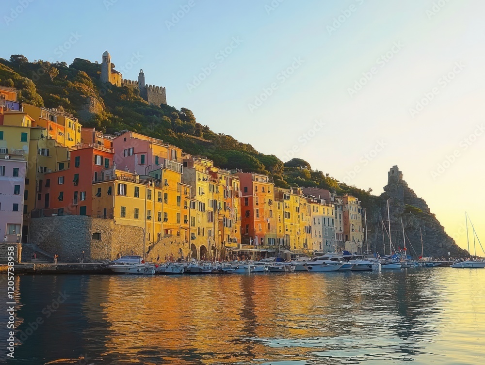 Wall mural Coastal town with colorful houses and boats at sunset in a picturesque setting