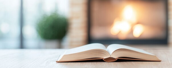 Cozy Reading by the Fireplace with an Open Book in a Warm Rustic Setting