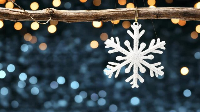 Snowflake ornament hanging on a branch with soft bokeh lights background