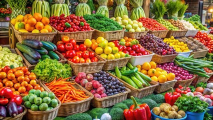 Obraz premium Vibrant display of colorful fruits and vegetables at a lively farmers market stall , vibrant, colorful, vibrant, colorful