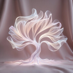 A luminous, ethereal tree composed of delicate, transparent light waves that undulate and shimmer, its wispy branches flowing like tendrils of mist, pulsing softly with a gentle, soothing rhythm in a 