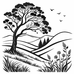 Blooming Hills vector silhouette black design white background
