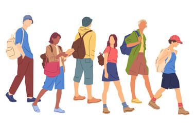 Obraz premium Group men and women walking with backpacks, back view, profile, different colors, cartoon character, silhouettes people, vacation clothes; flat icon design concept, vector, isolated on white